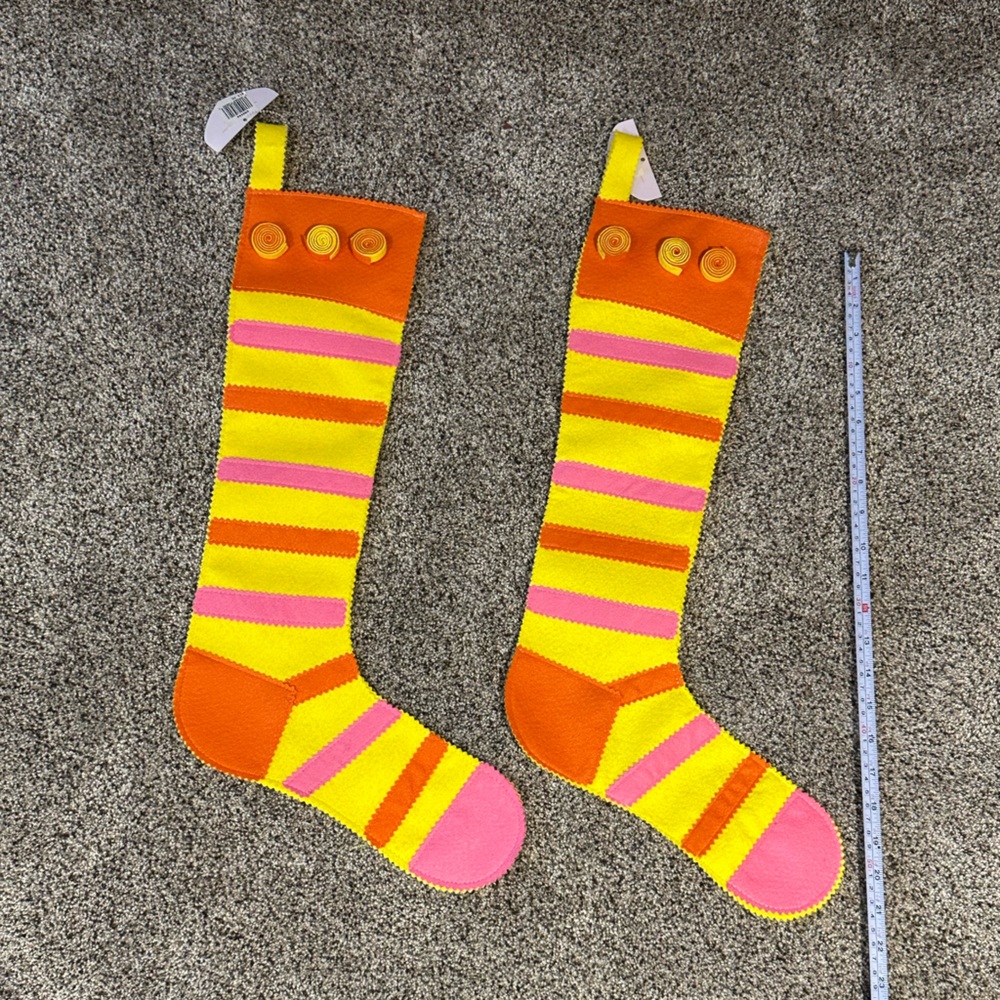 WHIMSY TRIMS Set of 2 Yellow, Orange whimsical Felt Stockings 23 x 6 inches NEW!